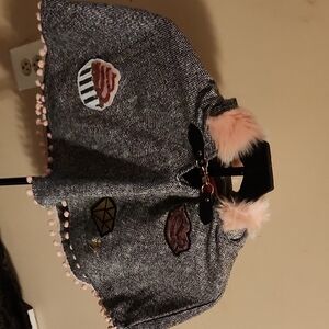 Betsey Johnson Black And White Poncho with Pink Fur Trim